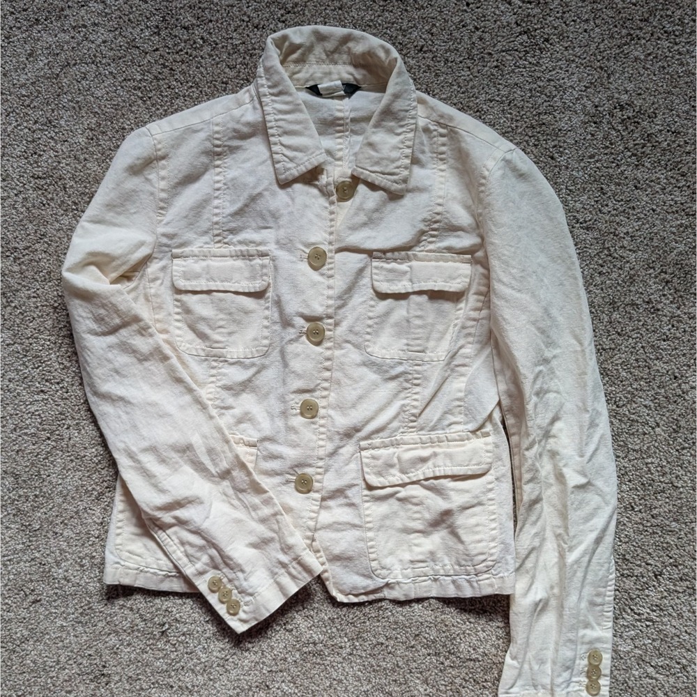 J Crew Women's Sz M Cotton Linen Lightweight Button Up Jacket Yellow Cream